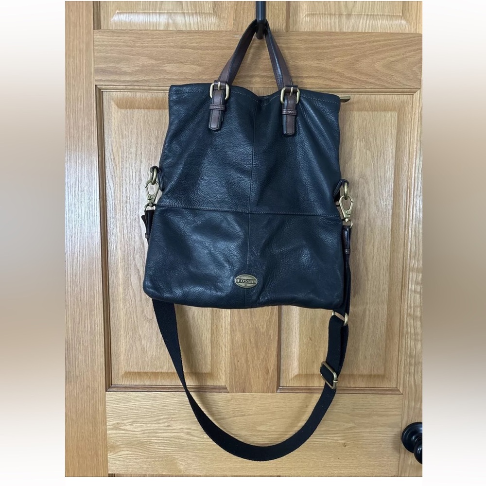 FOSSIL Handbag Black Leather Crossbody Hobo Large Explorer Organizer